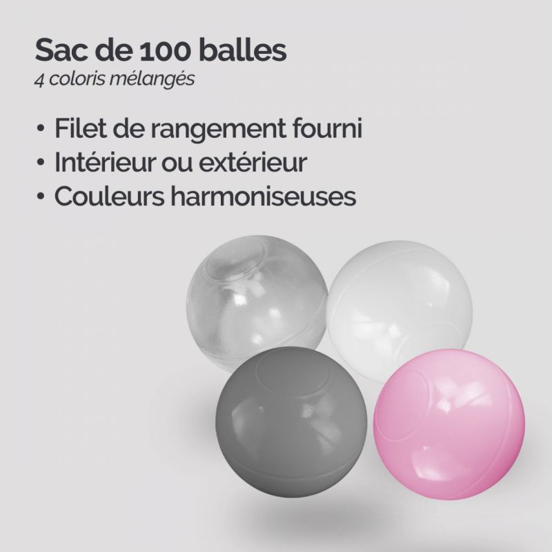 Lot de 5 sacs de 100 balles - Rose, gris, blanc et transparent