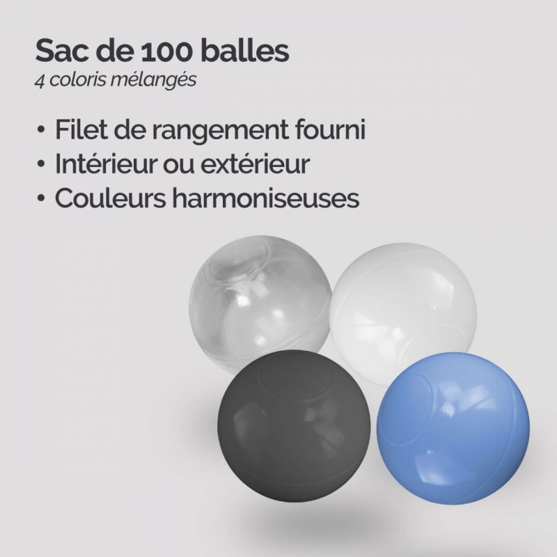 Lot de 3 sacs de 100 balles - Bleu, gris, blanc et transparent