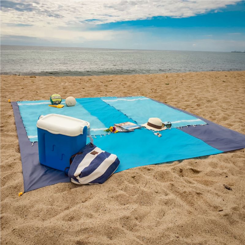Tapis de plage anti-sable - 270 x 240 cm - Bleu et gris