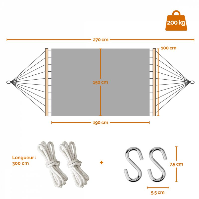 Toile de hamac - 150 x 270 cm - Gris