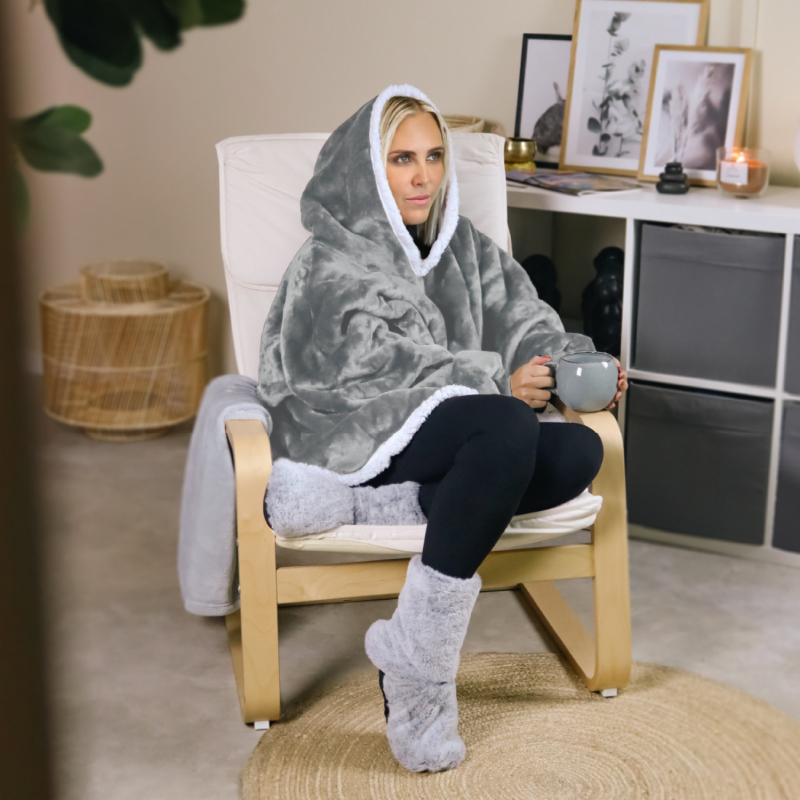Sweat à capuche, plaid - Sherpa et flanelle - Adulte - Gris clair