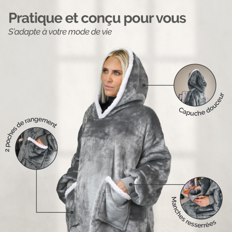 Sweat à capuche, plaid - Sherpa et flanelle - Adulte - Gris clair