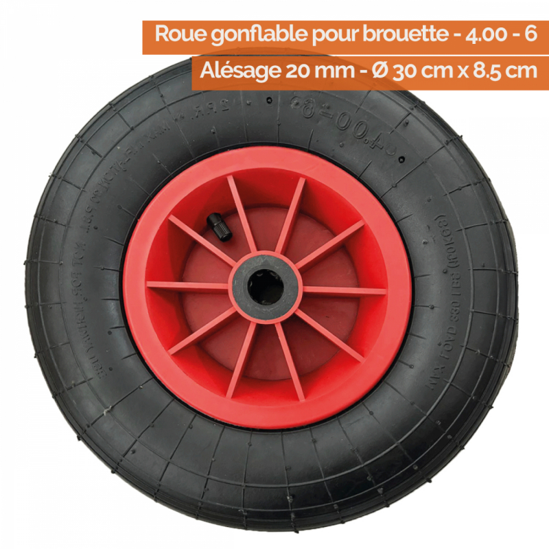 Roue gonflable pour brouette - 4.00 - 6 - Alésage 20 mm