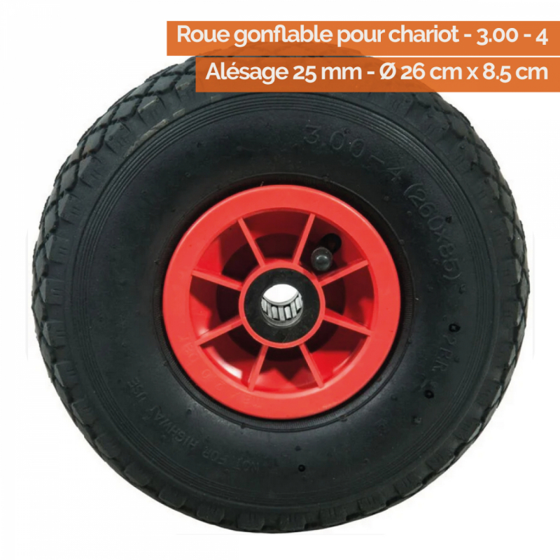 Roue gonflable pour chariot - 3.00 - 4 - Alésage 25 mm