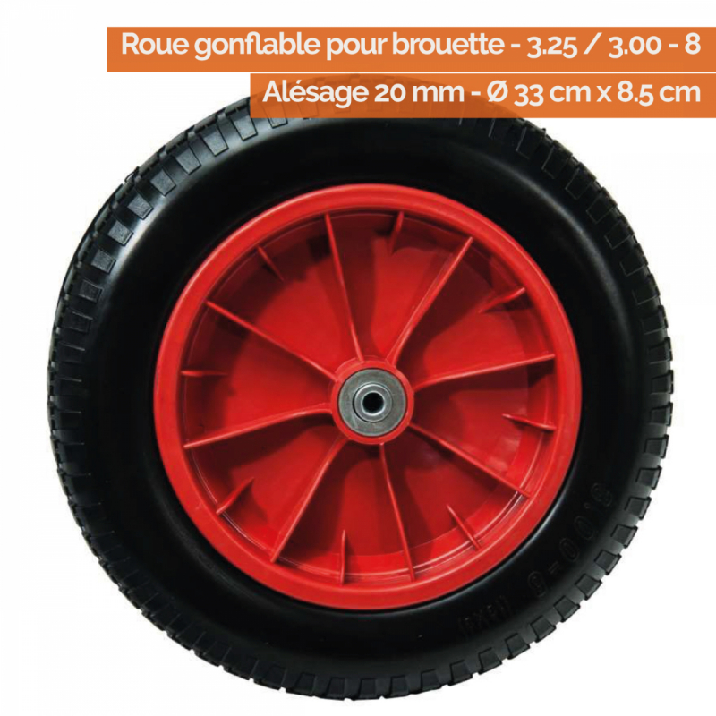 Roue gonflable pour brouette - 3.25 / 3.00 - 8 - Alésage 20 mm