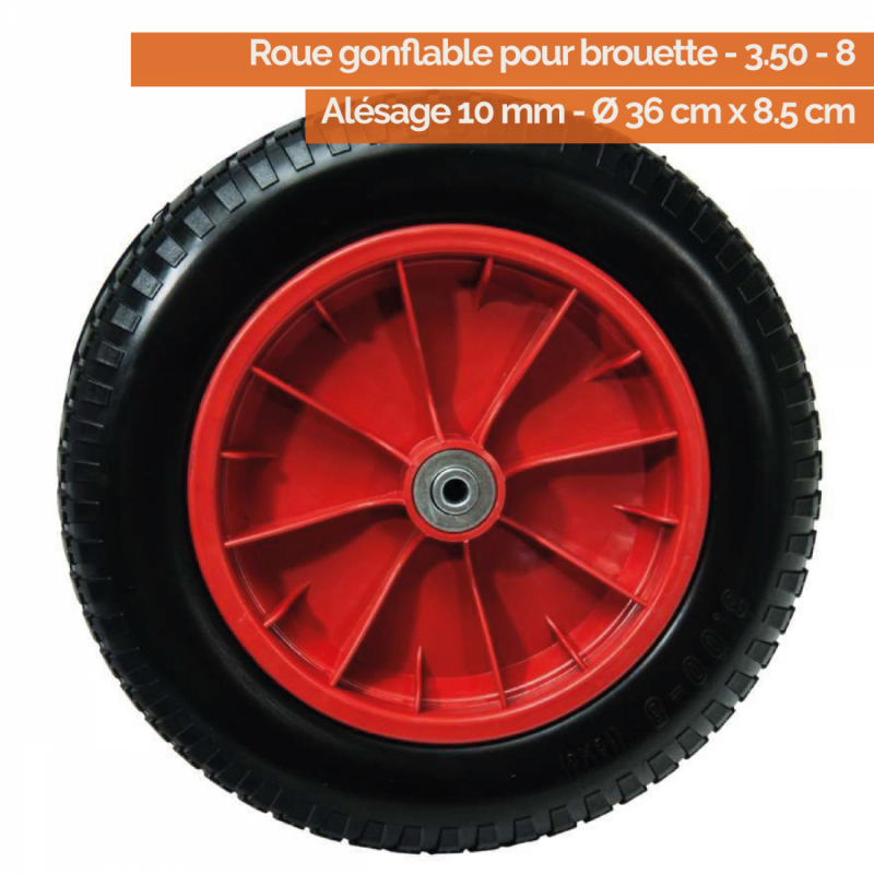 Roue gonflable pour brouette - 3.50 - 8 - Alésage 10 mm