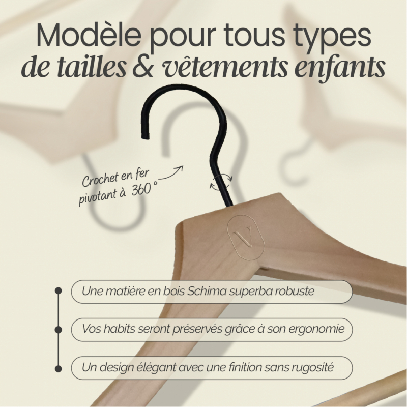 Lot de 10 cintres pour enfant premium - Bois clair