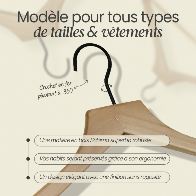 Lot de 10 cintres pour adulte premium - Bois clair