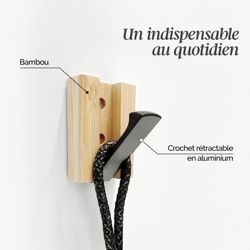 Porte-manteau mural rétractable - 1 crochet - Bois