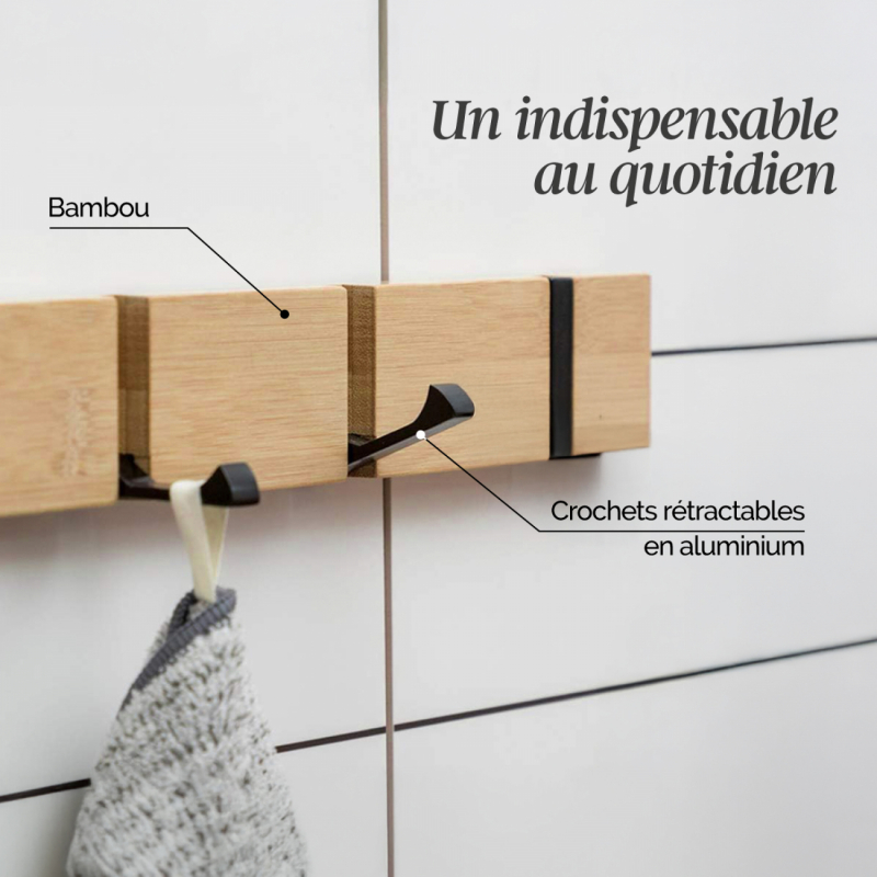 Porte-manteau mural rétractable - 4 crochets - Bois