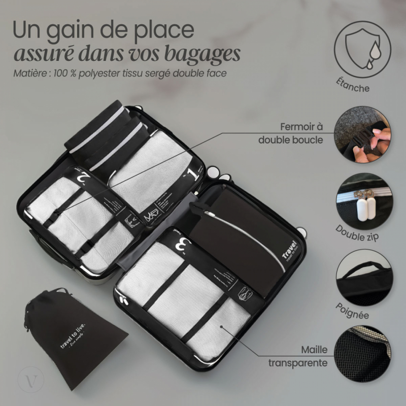 Organisateur de voyage - 7 pièces - Noir