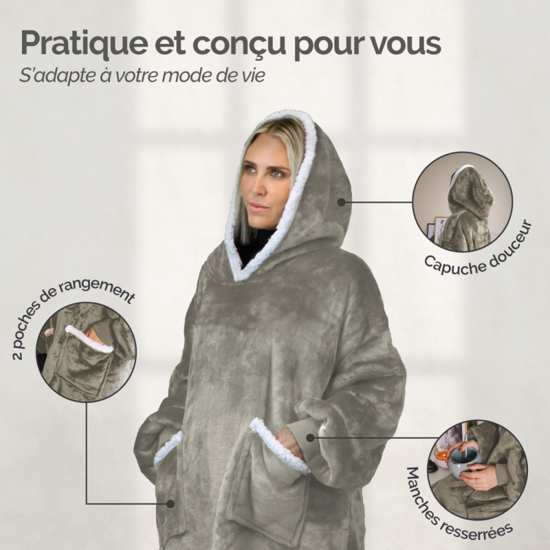 Sweat à capuche plaid - Sherpa et flanelle - Adulte - Beige