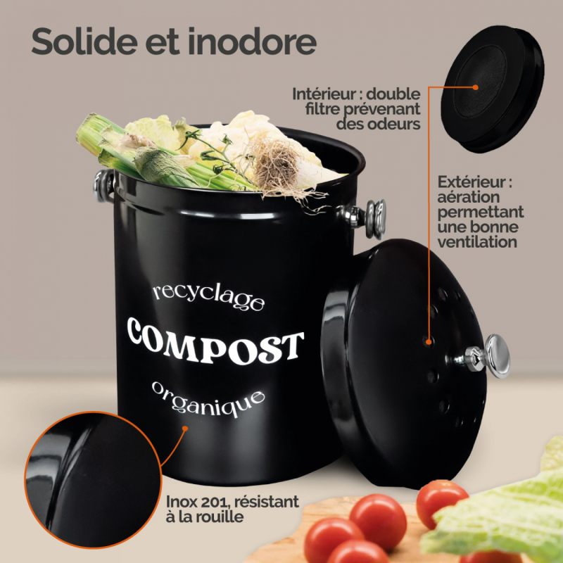 Composteur de cuisine - Rond - Noir
