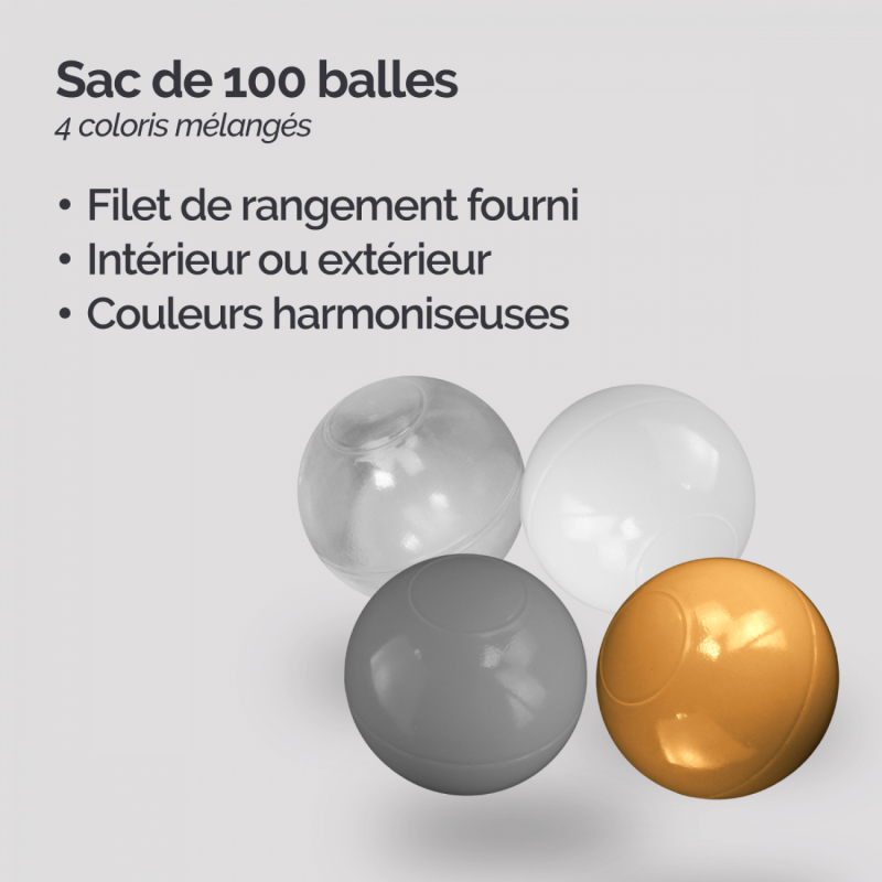 Sac de 100 balles - Doré, gris, blanc et transparent
