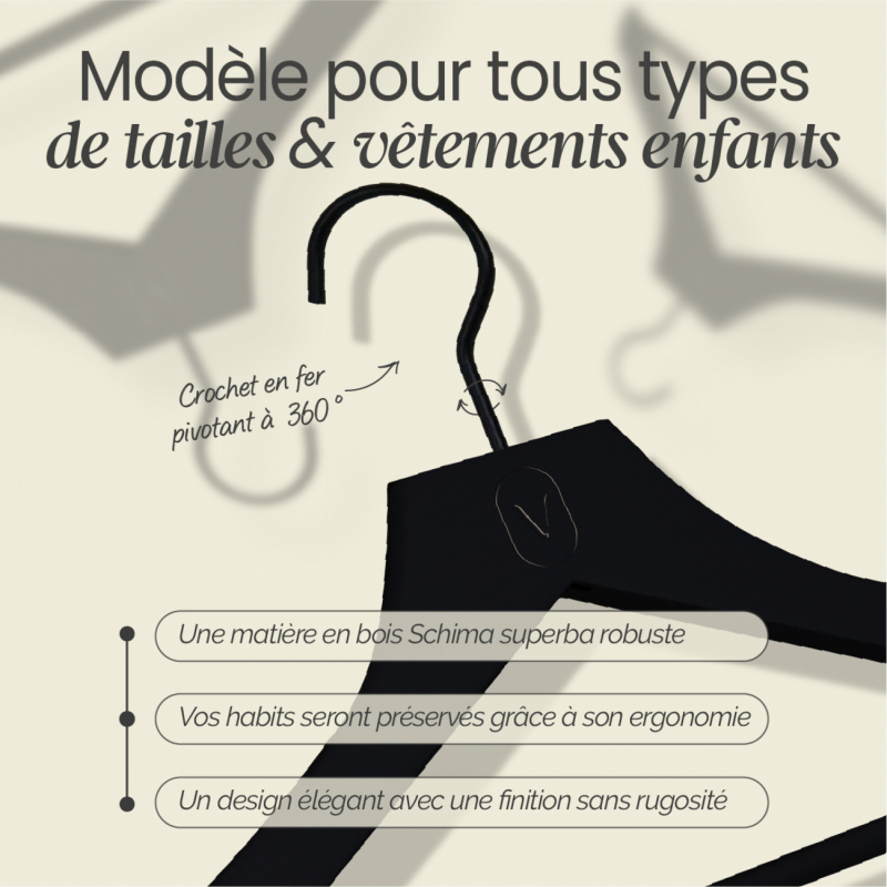 Lot de 20 cintres pour enfant premium - Noir