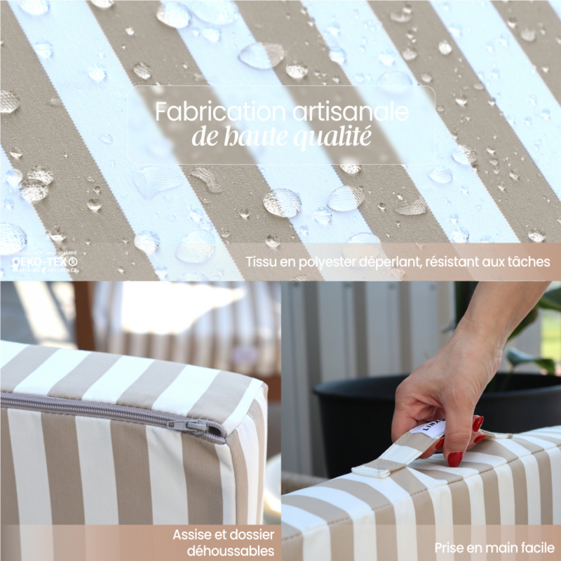 Coussins pour salon de jardin déhoussables - 60 x 60 cm - Rayé beige