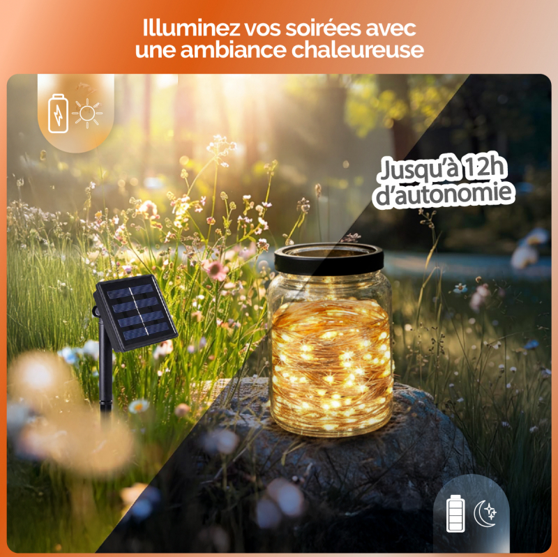 Lot de 4 guirlandes lumineuses solaires LED - 32 m - Blanc chaud