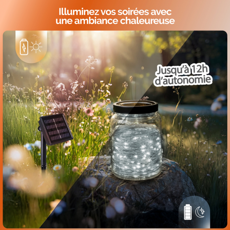 Lot de 2 guirlandes lumineuses solaires LED - 22 m - Blanc froid
