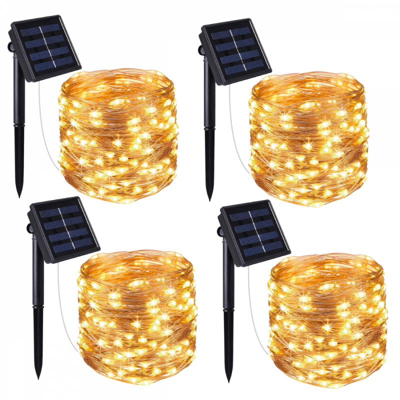 Lot de 4 guirlandes lumineuses solaires LED - 22 m - Blanc chaud