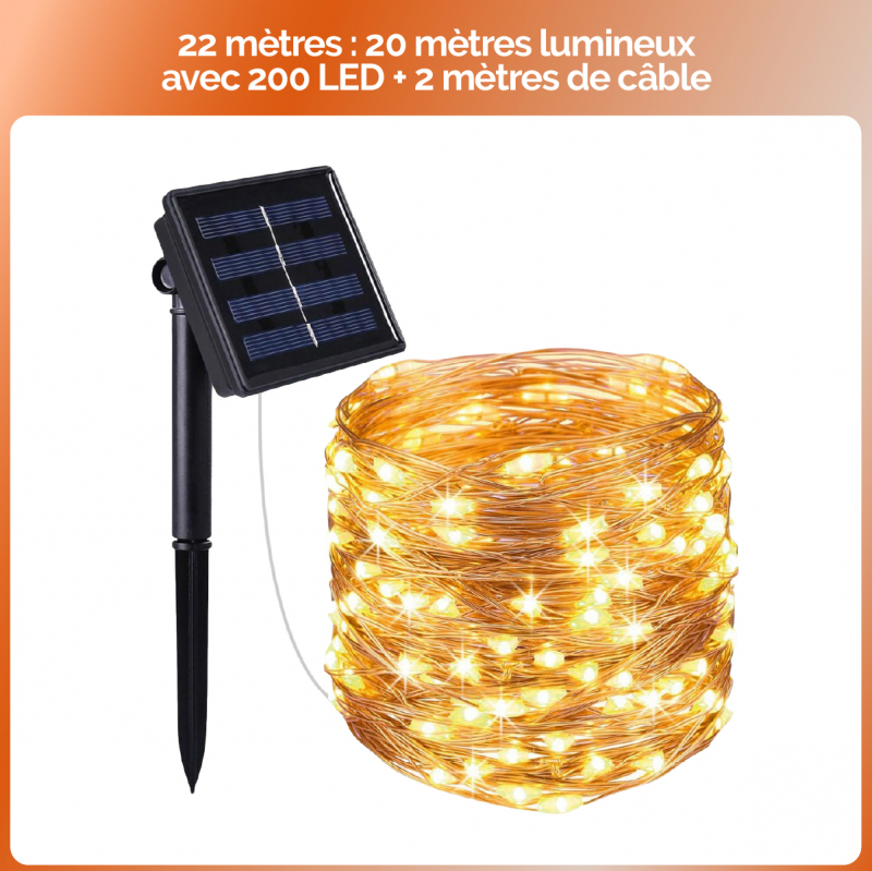 Guirlande lumineuse solaire LED - 22 m - Blanc chaud