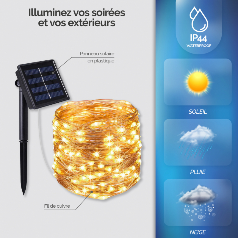 Guirlande lumineuse solaire LED - 22 m - Blanc chaud