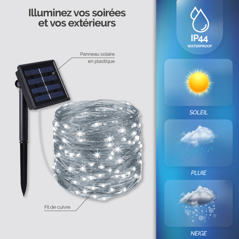 Lot de 4 guirlandes lumineuses solaires LED - 32 m - Blanc froid