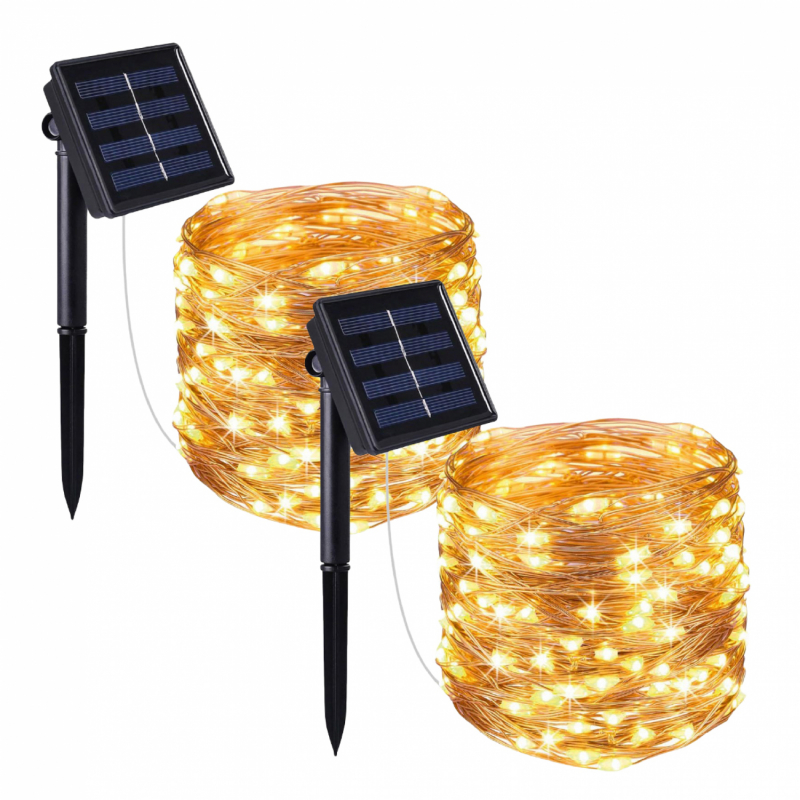 Lot de 2 guirlandes lumineuses solaires LED - 7 m - Blanc chaud