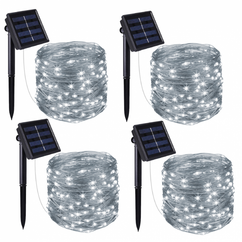 Lot de 4 guirlandes lumineuses solaires LED - 12 m - Blanc froid