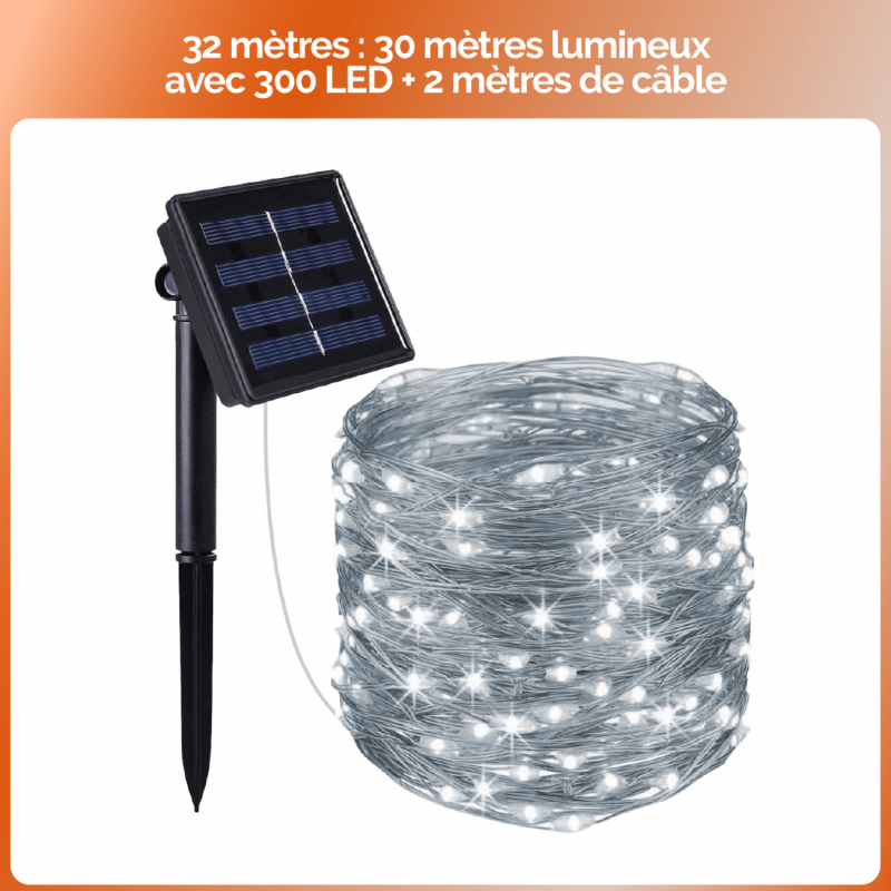 Lot de 2 guirlandes lumineuses solaires LED - 32 m - Blanc froid