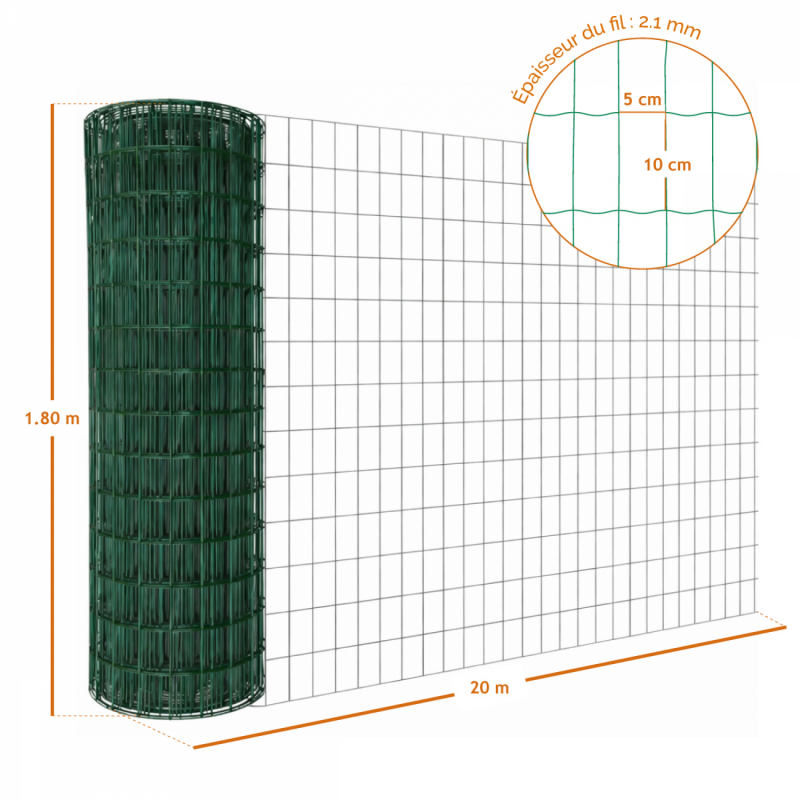 Grillage soudé plastifié - 20 m x 1,8 m - Vert