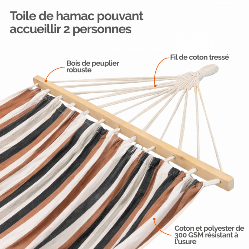 Toile de hamac - 150 x 270 cm - Marron, gris, noir