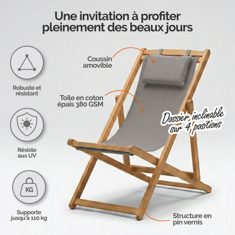 Chaise longue pliante - Gris clair