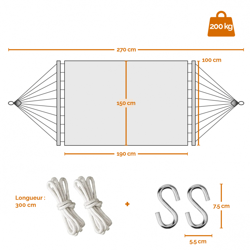 Toile de hamac - 150 x 270 cm - Blanc cassé, noir