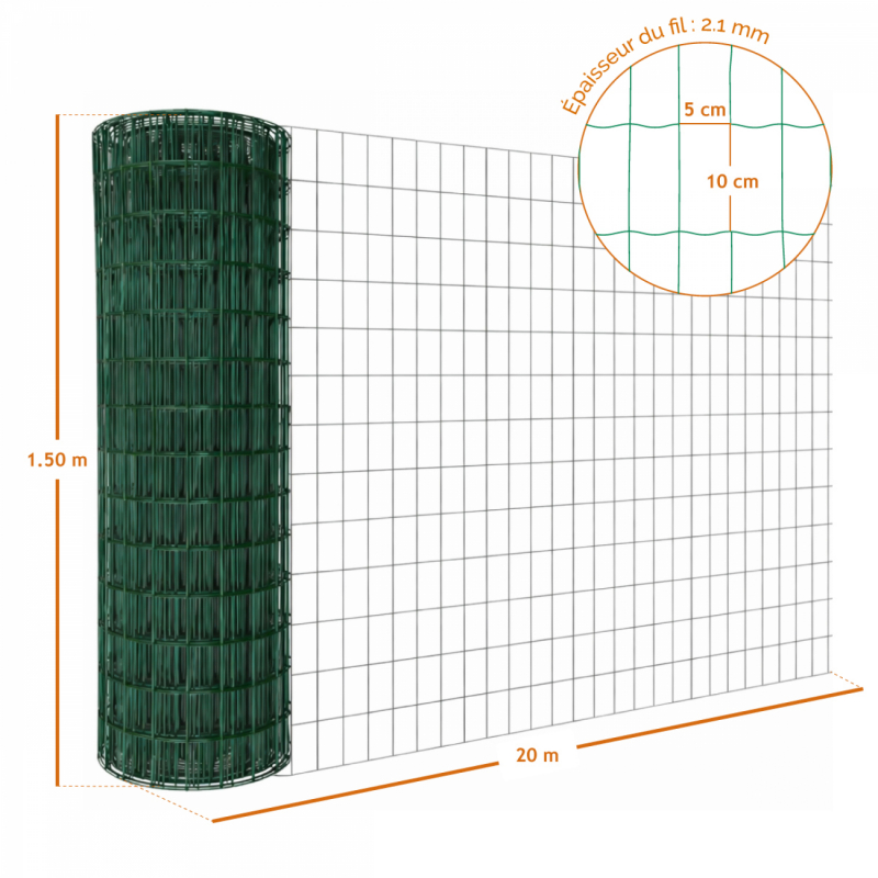 Grillage soudé plastifié - 20 m x 1,5 m - Vert