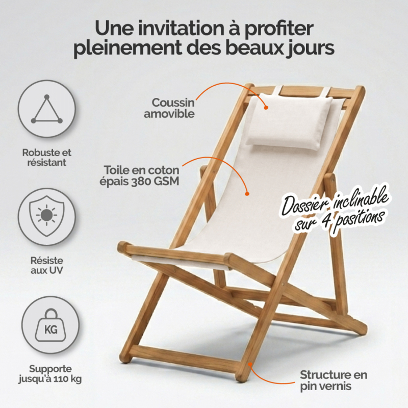 Chaise longue pliante - Blanc cassé