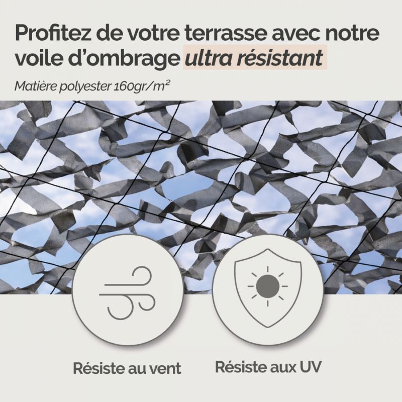 Voile d'ombrage camouflage rectangulaire - 3 x 5 m - Gris