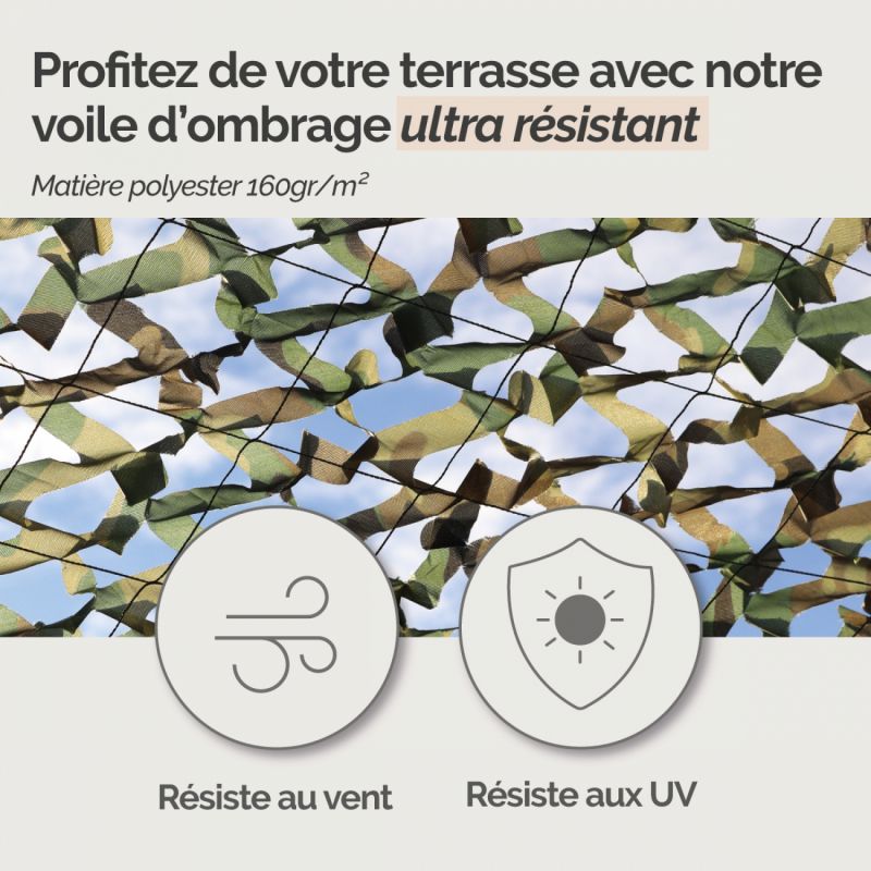 Voile d'ombrage camouflage rectangulaire - 3 x 4 m - Vert armée