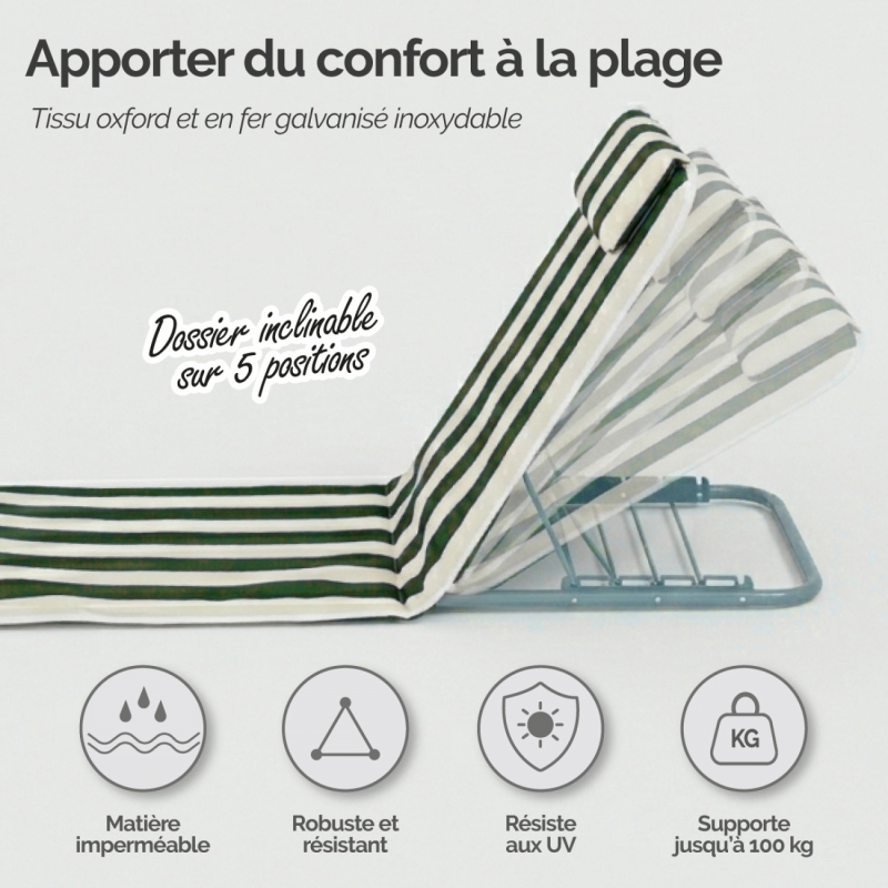 Tapis de plage avec dossier - Rayé blanc et vert