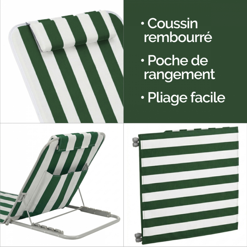Tapis de plage avec dossier - Rayé blanc et vert
