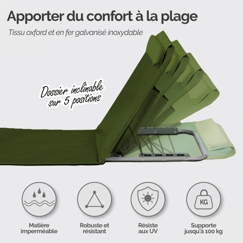 Tapis de plage avec dossier - Kaki