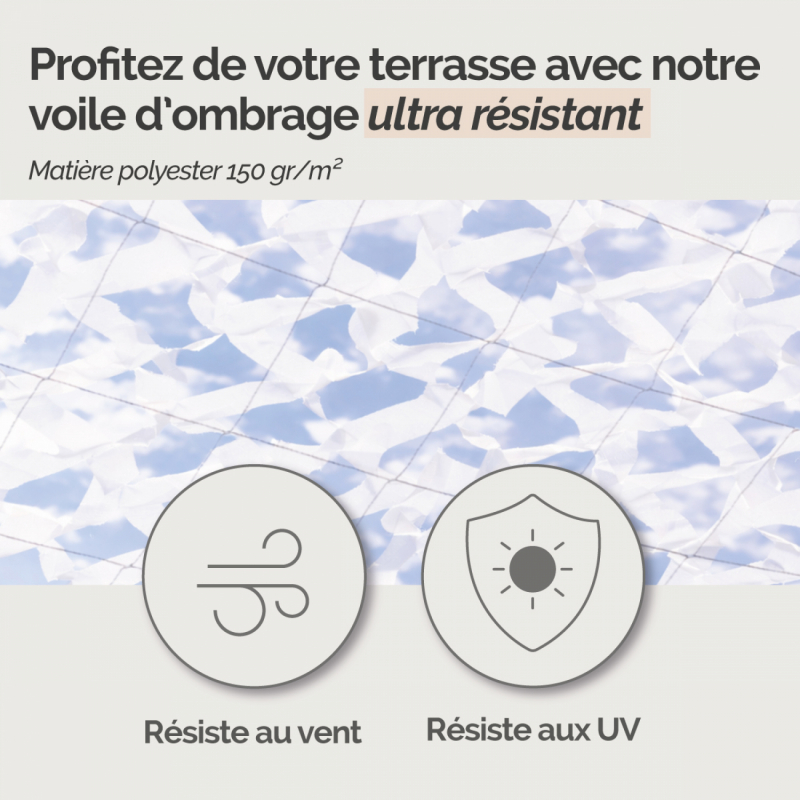 Voile d'ombrage camouflage rectangulaire - 3 x 5 m - Blanc
