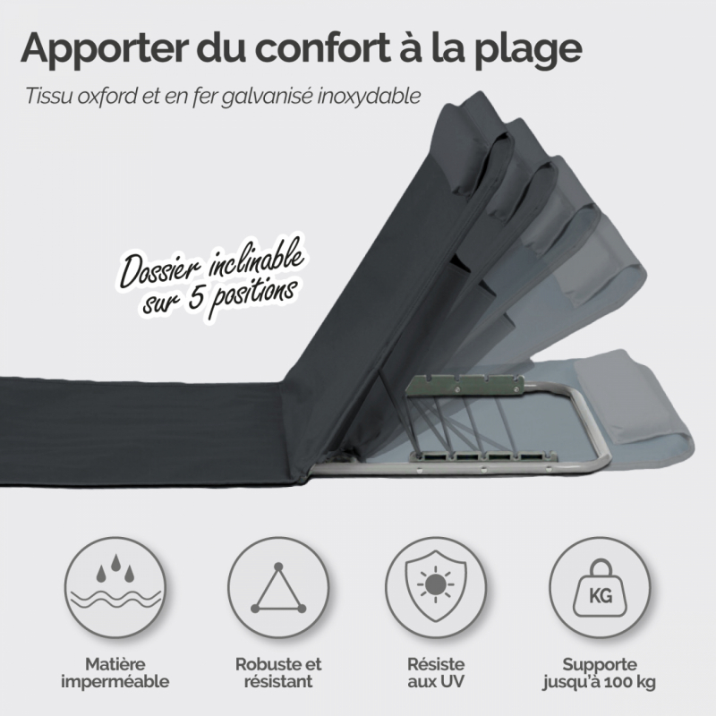 Tapis de plage avec dossier - Gris foncé
