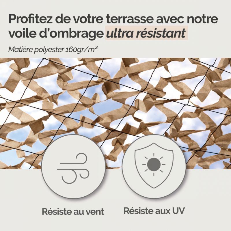Voile d'ombrage camouflage rectangulaire - 3 x 5 m - Taupe