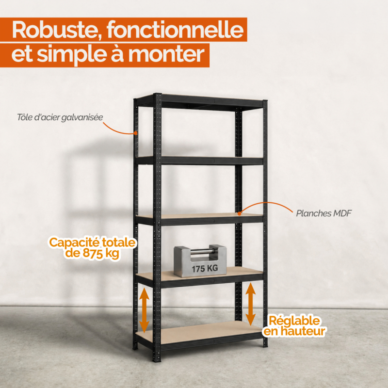 Lot de 2 étagères de stockage métallique - 90 x 40 x 180 cm - Noir