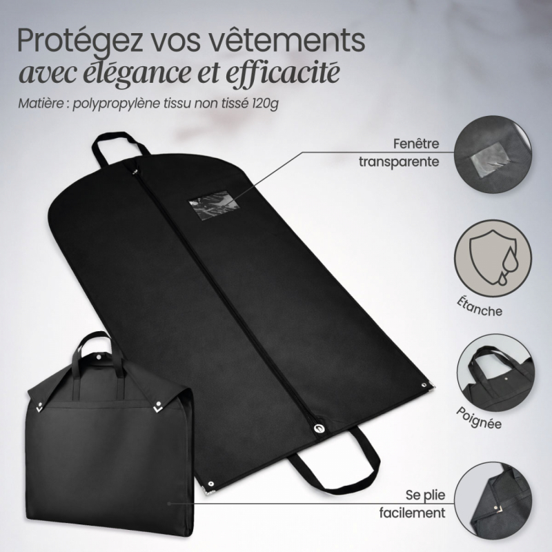 Lot de 6 housses pour vêtements premium - 60 x 100 cm - Noir