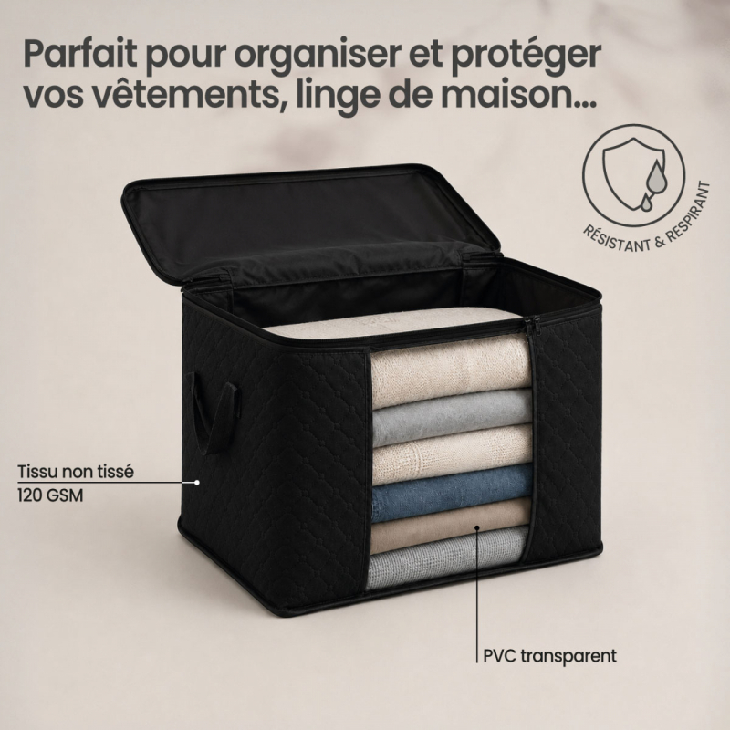 Lot de 4 sacs de rangement 60L en tissu - Noir