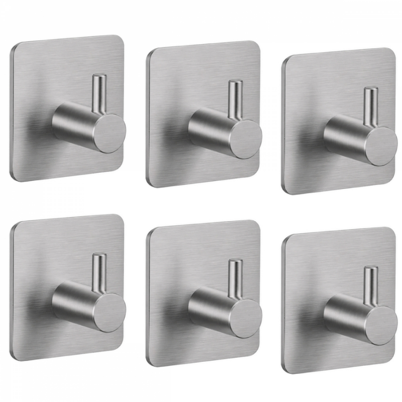 Lot de 6 crochets de fixation muraux adhésifs - Chrome
