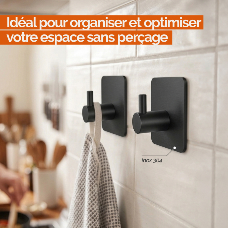 Lot de 6 crochets de fixation muraux adhésifs - Noir