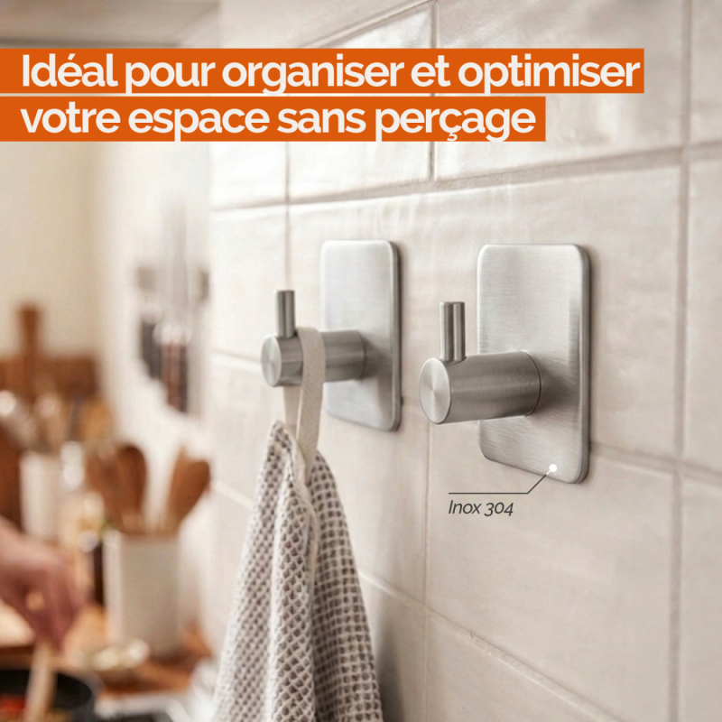 Lot de 4 crochets de fixation muraux adhésifs - Chrome