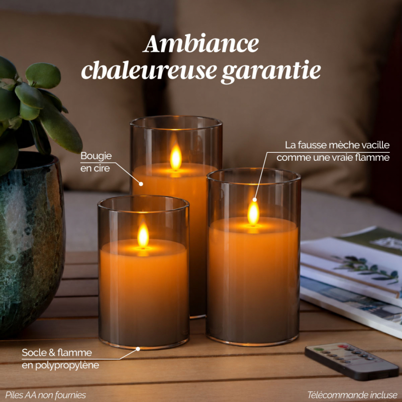 Lot de 3 bougies à LED effet verre - Gris